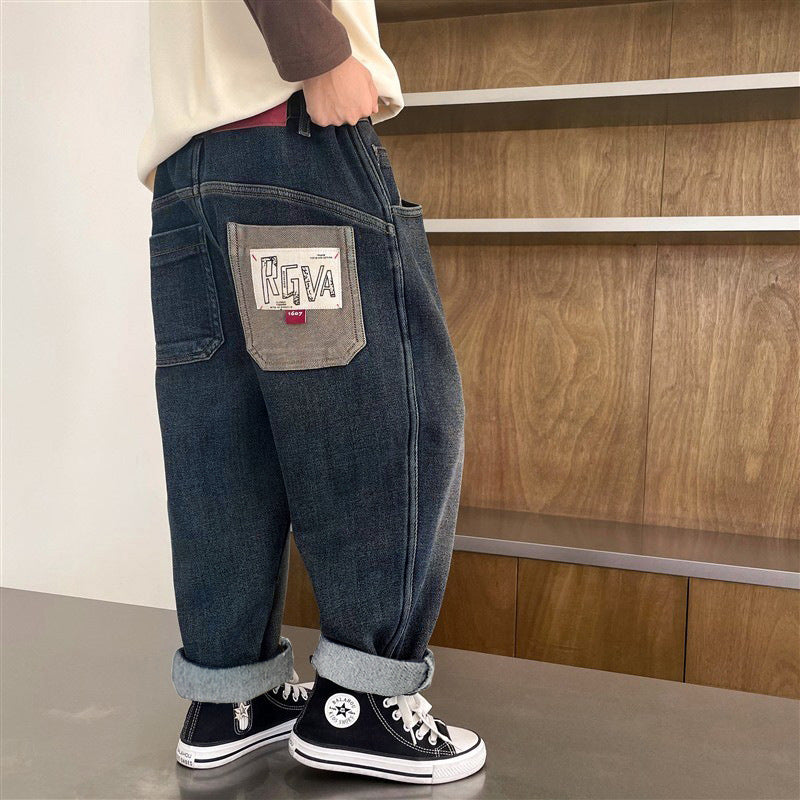 Boys' jeans spring collection - spring/autumn style  new arrival - mid-to-large size children's korean style fleece-lined thickened trousers