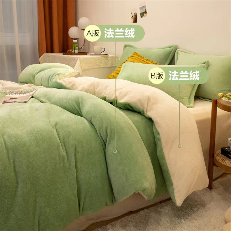 Solid color milk fleece four-piece set, fleece wholesale coral fleece bedding, bed sheet quilt cover, flannel bed three-piece set, winter