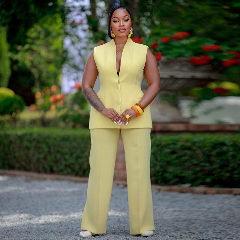 European and american women's clothing  autumn new collection: sweet and fresh v-neck sleeveless blazer top and high-waisted straight-leg pants two-piece set