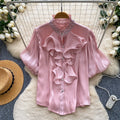 French-style diamond-embellished ruffle trim short-sleeve blouse - women's summer loose fit versatile designer top with a touch of luxury