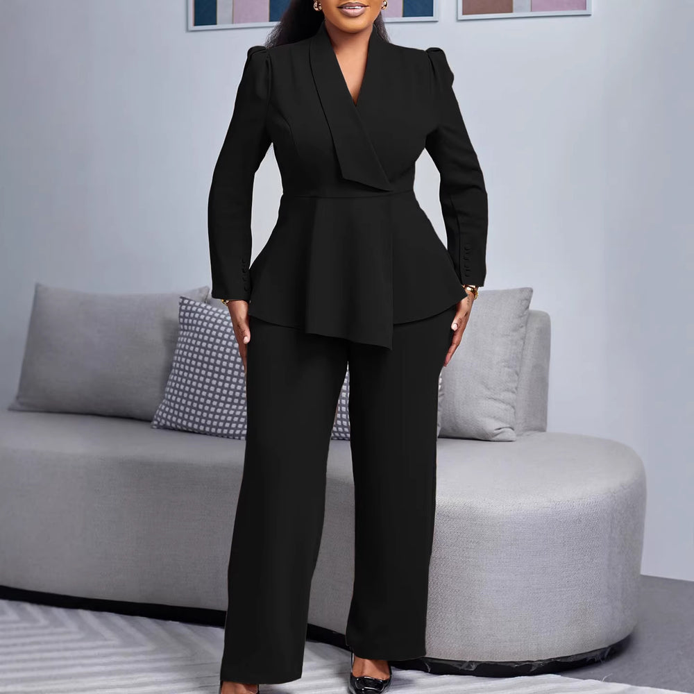 D549  women's  fall/winter new fashion suit collar long sleeve top & wide leg pants two-piece set