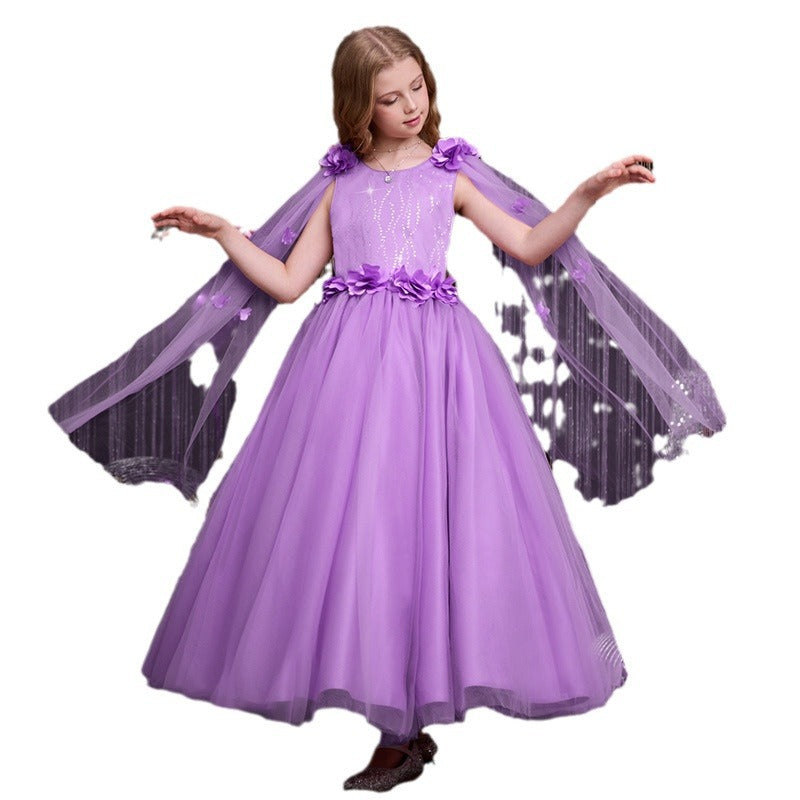 Custom-made girls' tulle dress, longline bow detail, children's princess gown with shawl, elegant european and american style, cross-border e-commerce