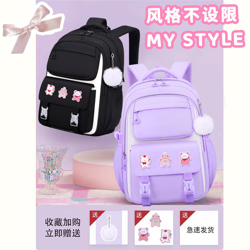 New arrival primary and secondary school students backpack large capacity burden reduction spine protection student school bag small stuffed pendant and pin storage