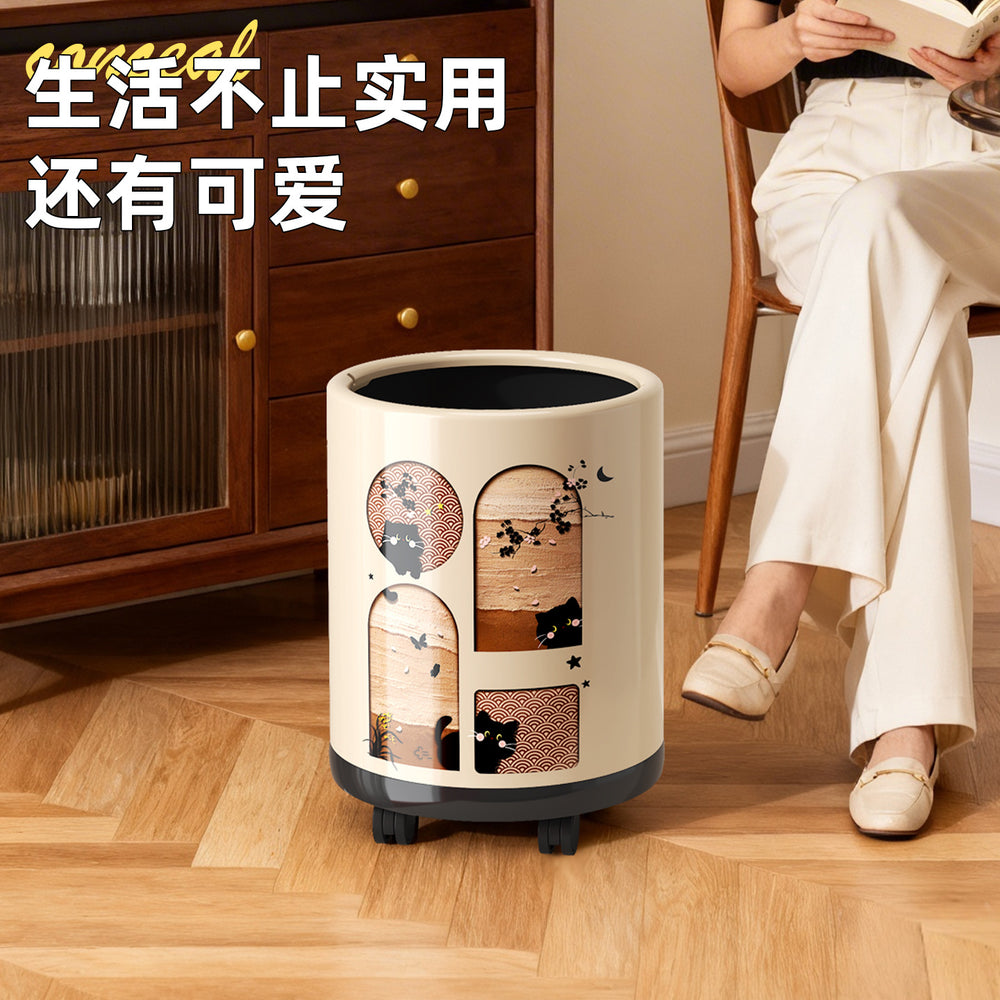 Retroins style little black cat printing trash can with pulleys for home high-looking living room kitchen large garbage basket