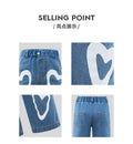 Girls' straight-leg denim pants - blue, heart print, high-waisted wide-leg trousers for kids ages 4-8
