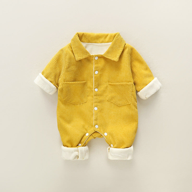 Baby outing one-piece clothes autumn winterthickened haki 0-1 years old baby boy climbing suit corduroy one-piece