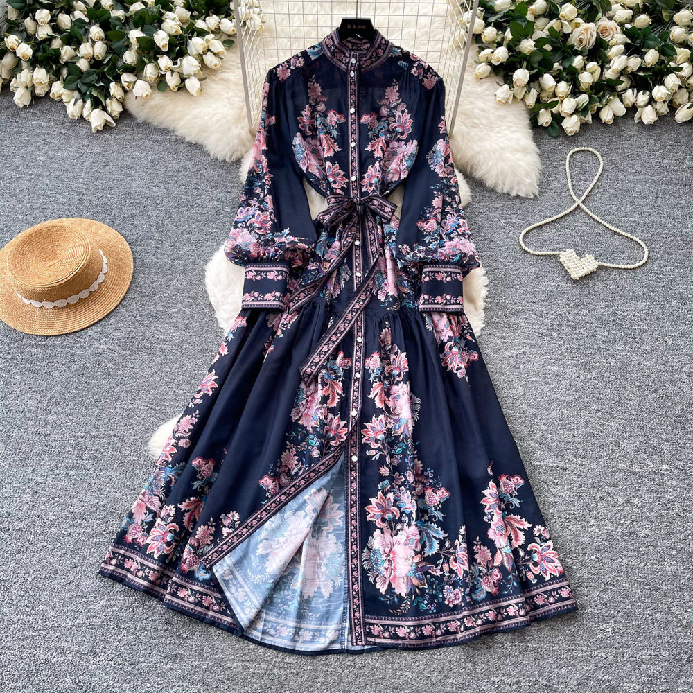 French retro print lantern sleeve dress - women's autumn korean style tie-waist slimming a-line maxi dress - commute friendly