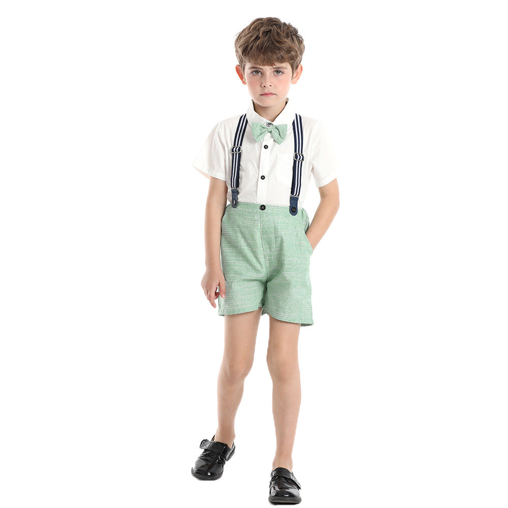 Summer kids' new european and american gentleman short-sleeve shirt set, children's suspender shorts two-piece outfit, first birthday dress