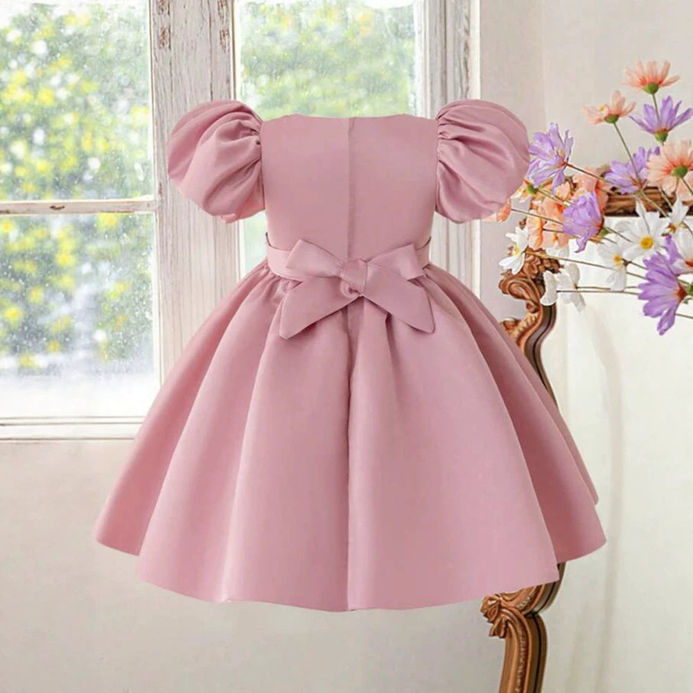 New girls' formal dress - premium satin princess gown - 10-year-old girl's bubble sleeve cute dress - girl dress