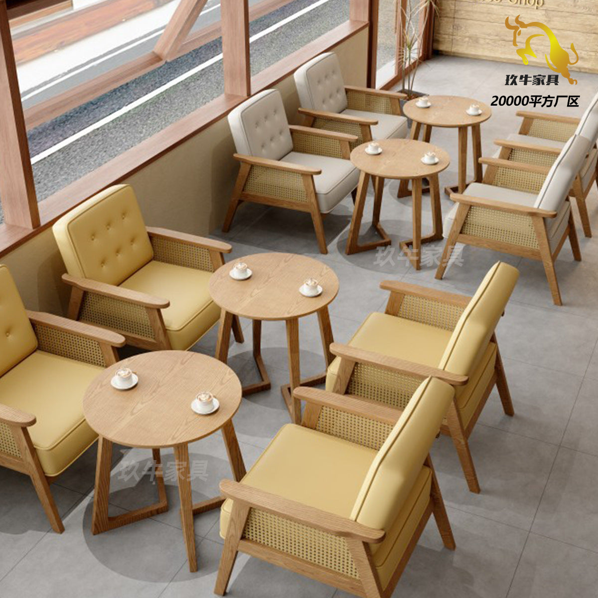 Customized wabi sandy wind woven rattan cafe tables and chairs dessert shop catering shop milk tea shop solid wood negotiation leisure area tables and chairs
