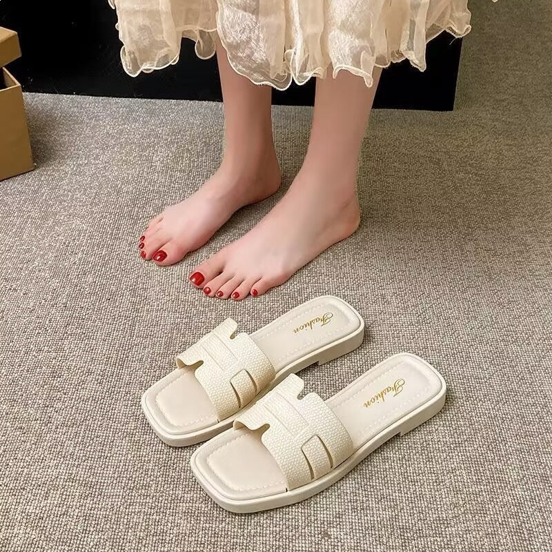 Xiaoxiangfeng sandals women's summer outwear non-slipeasiest for matchfashion imitation wood grain flatsh belt one-line slippers women's export