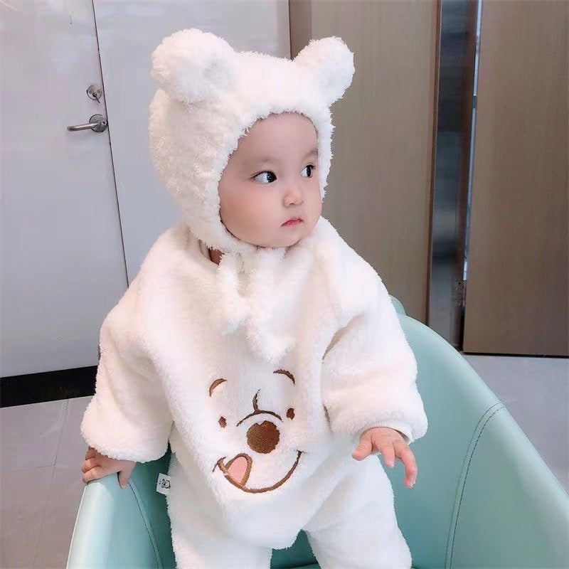 Newborn baby autumn/winter fleece-lined long-sleeve romper - cute cartoon design, super adorable winter outfit, outdoor bodysuit