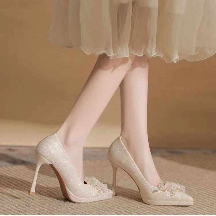 French crystal sequin wedding shoes high heels 2025 new pointed toe platform wedding shoes bridal stiletto pumps