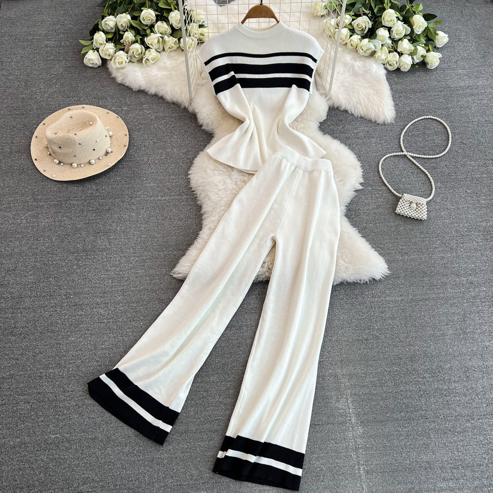 Fashionsuitfemalek-style sleevelesssilmknittingtopstwo-piece setcasualhigh waistslimming lookstraight-legloose pants