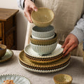 Vintage-style rustic ceramic bowls, plates, and dishes - creative beaded edge steak plates and dessert bowls for restaurants and hotels - premium presentation