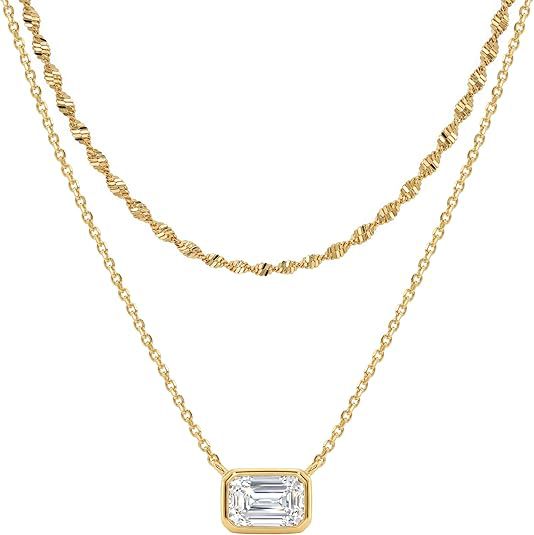 Amazon's best-selling women's single-layer double-layer copper-plated 14k gold zircon square pendant fashion style necklace jewelry