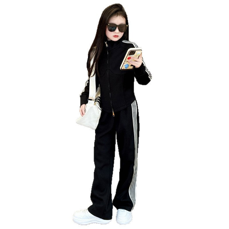 Girls'  new side stripe tracksuit set - spring/autumn casual straight-leg pants - girls' activewear two-piece set