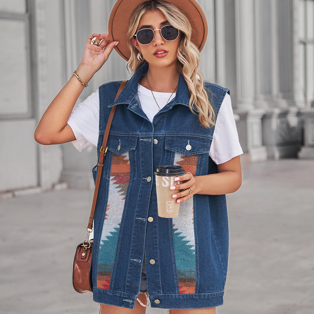 Real shot  fashion cross-border  new arrivalretro geometric denim color block vest outwearloosecasual women