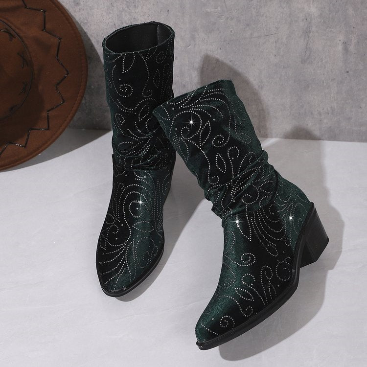 fall/winter new embroidered western cowboy boots for women - pointed toe, chunky heel, mid-calf boots, plus size women's boots, wholesale for export