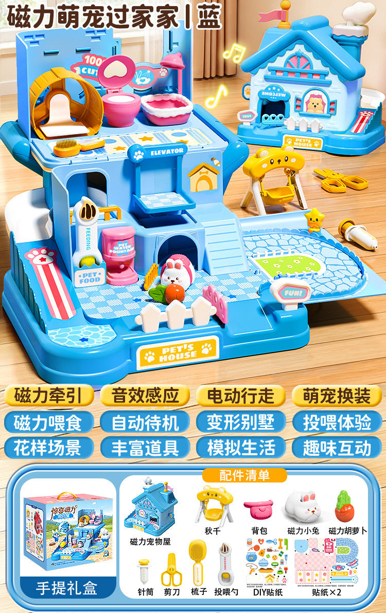 3-6 year old girls' toys, pretend play magnetic pet house, little rabbit & cat dolls, birthday gift for girls