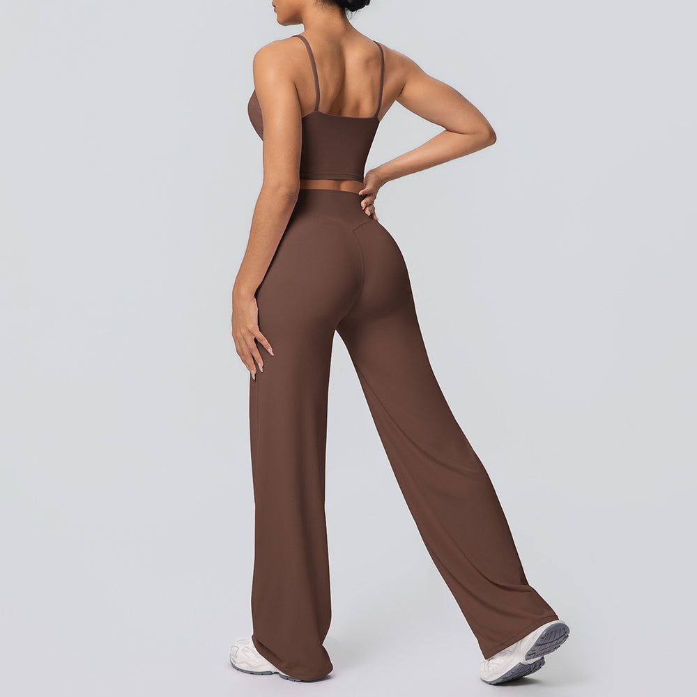 New arrival: cross-border brushed solid color racerback tight-fit breathable wide-leg yoga set - two-piece activewear for running and fitness