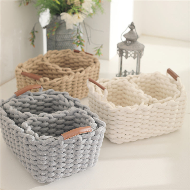 Leather handle twin sundries with handle cotton rope woven storage basket size cosmetics lipstick storage box eyeshadow