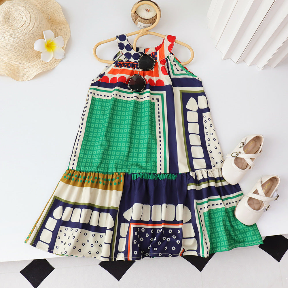 Girls'  summer new arrival: geometric print dress, ethnic style halter dress, exclusively for cross-border e-commerce, designed for the us and european markets