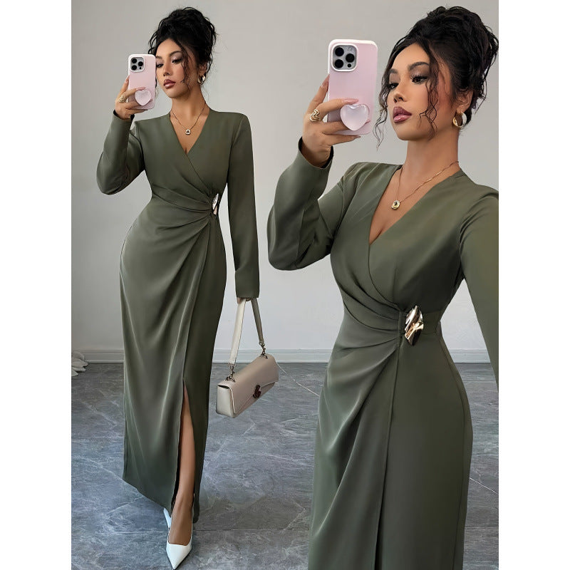 Women's autumn/winter solid color elegant v-neck ruched waist slit design long sleeve dress with metal buckle detail