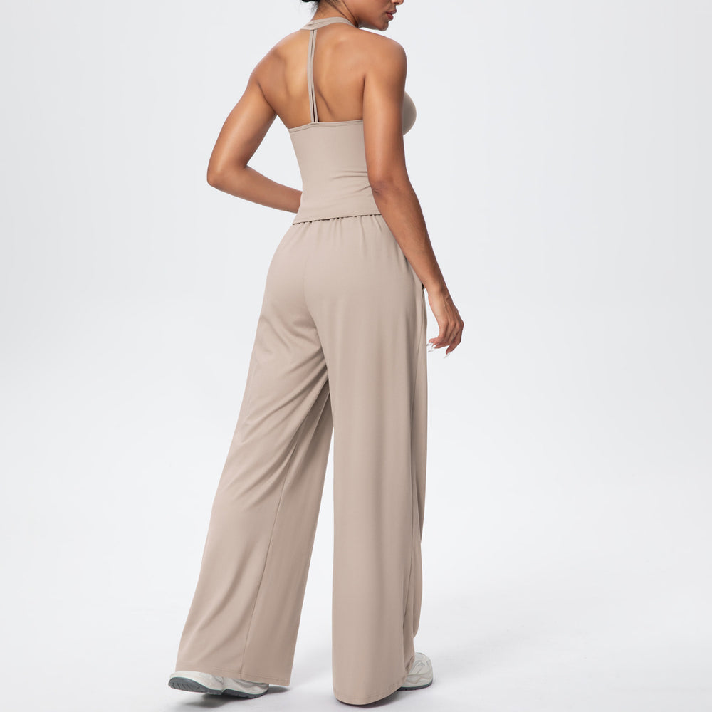 i-shaped v neck beautiful back tight breathable pure color wide-leg yoga suit sports running fitness suit for women