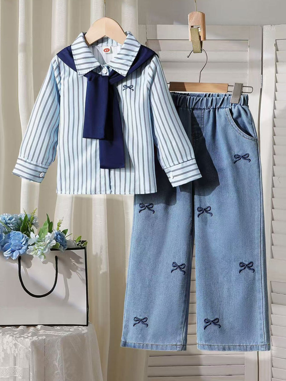 new autumn cross-border girls' collared shirt with color block shawl + embroidered bow denim jeans three-piece set