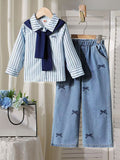 new autumn cross-border girls' collared shirt with color block shawl + embroidered bow denim jeans three-piece set