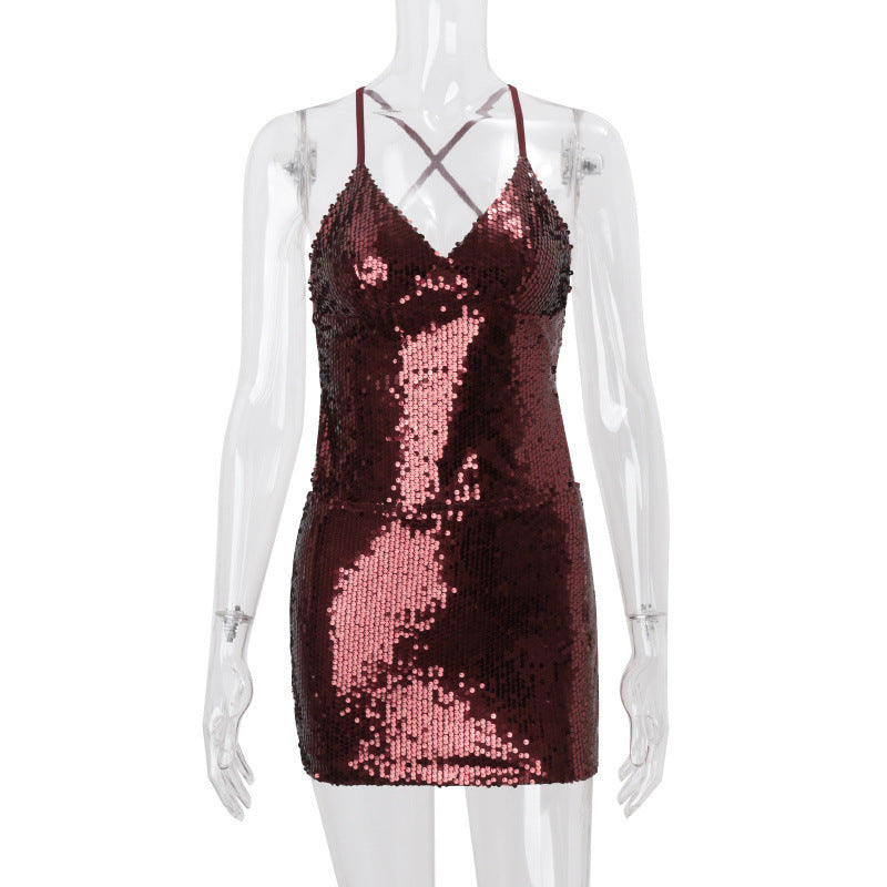 European and american women's clothing  autumn new sexy open-back nightclub hot girl sequin lace-up bodycon mini dress