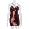 European and american women's clothing  autumn new sexy open-back nightclub hot girl sequin lace-up bodycon mini dress