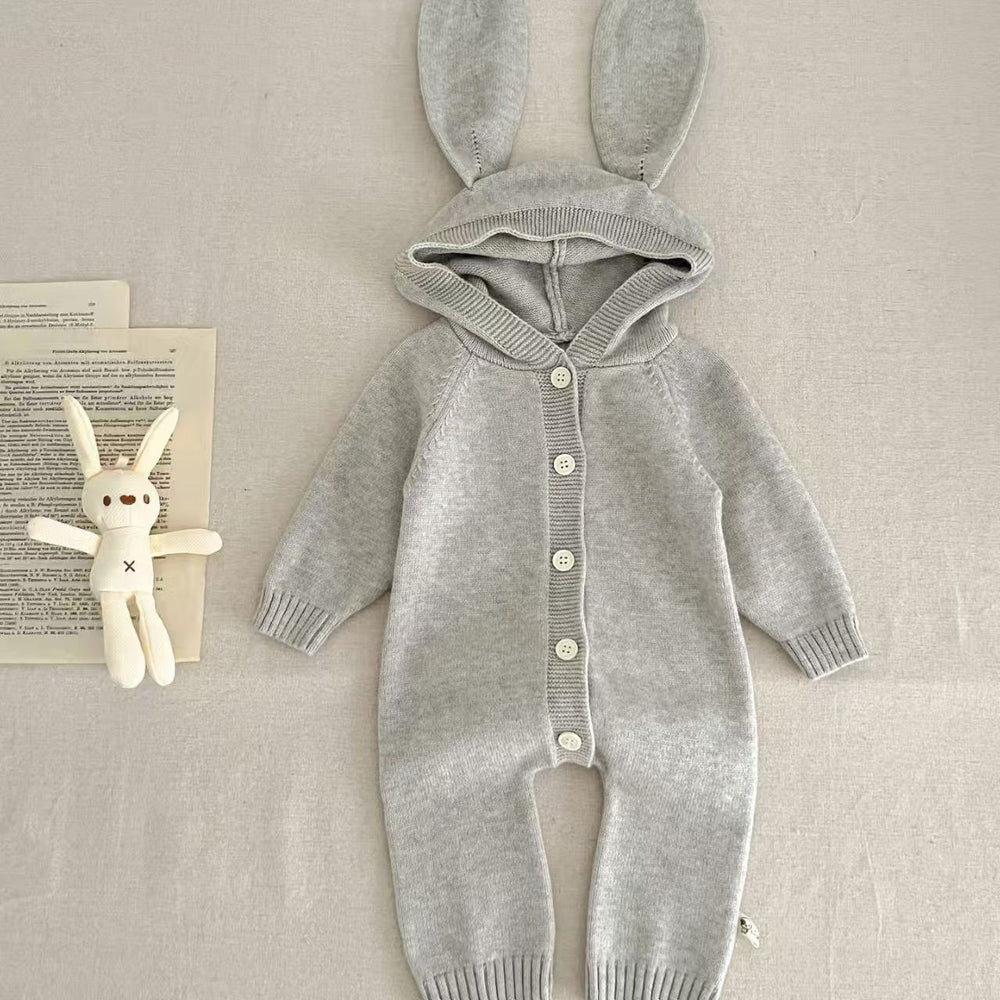 autumn newborn solid color romper cute baby knitted pom-pom hooded crawling suit