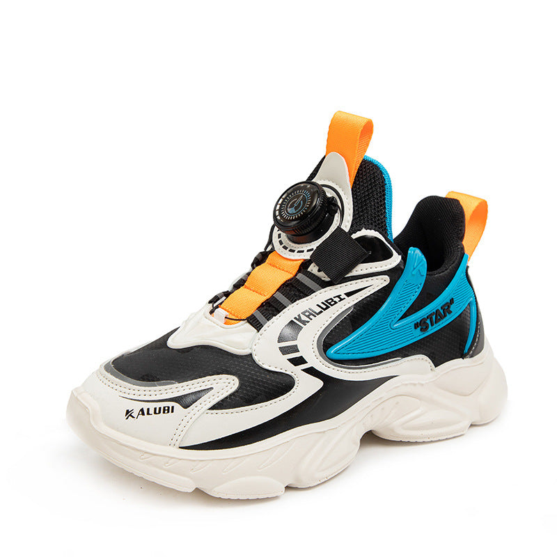 New leather sports running shoes for primary and secondary school students, rotating buckle handsome boys, spring and autumn versatile basketball shoes for girls