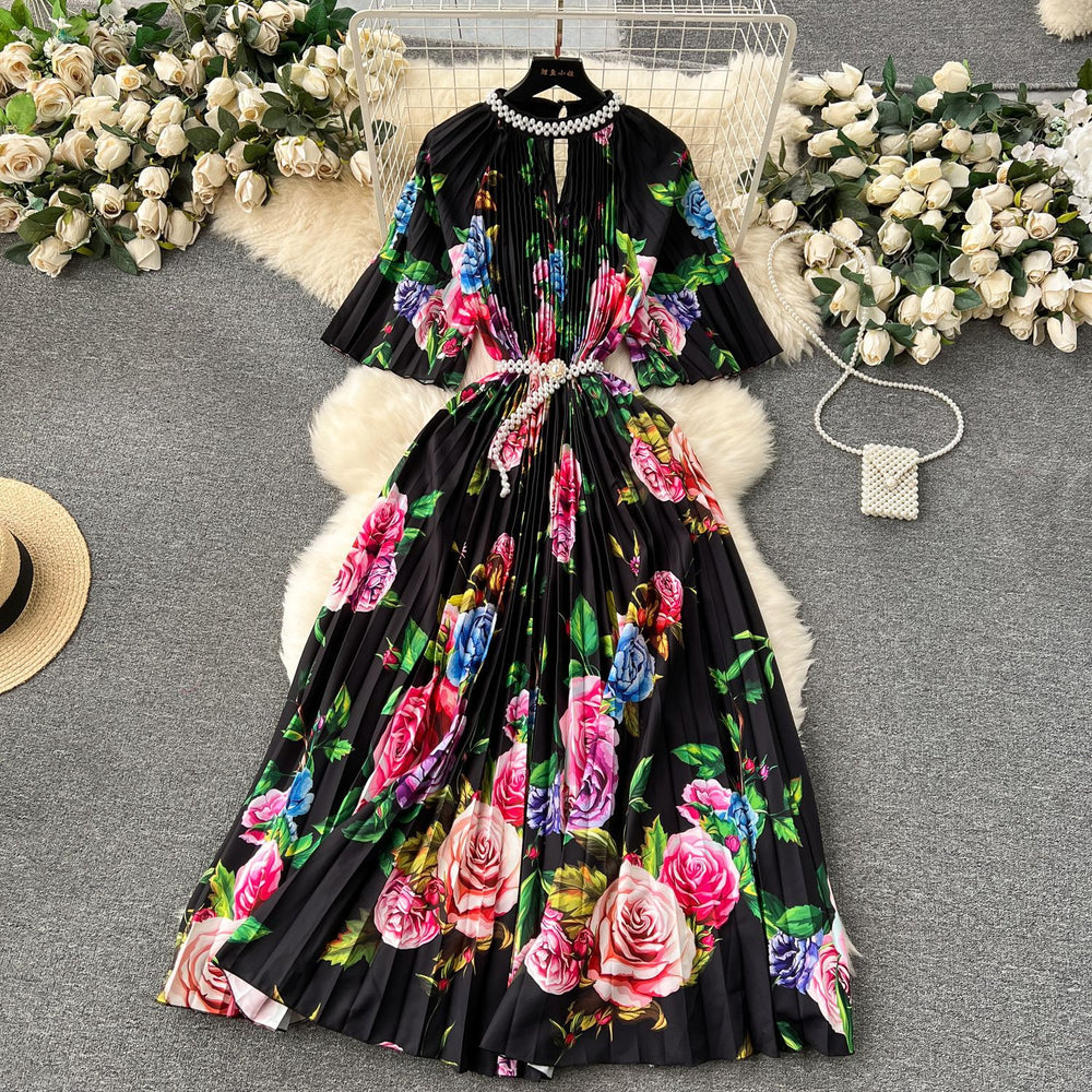 European style plus size women's high-end printed, heavily beaded, pleated long formal dress with pleated skirt - elegant women's dress