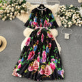 European style plus size women's high-end printed, heavily beaded, pleated long formal dress with pleated skirt - elegant women's dress