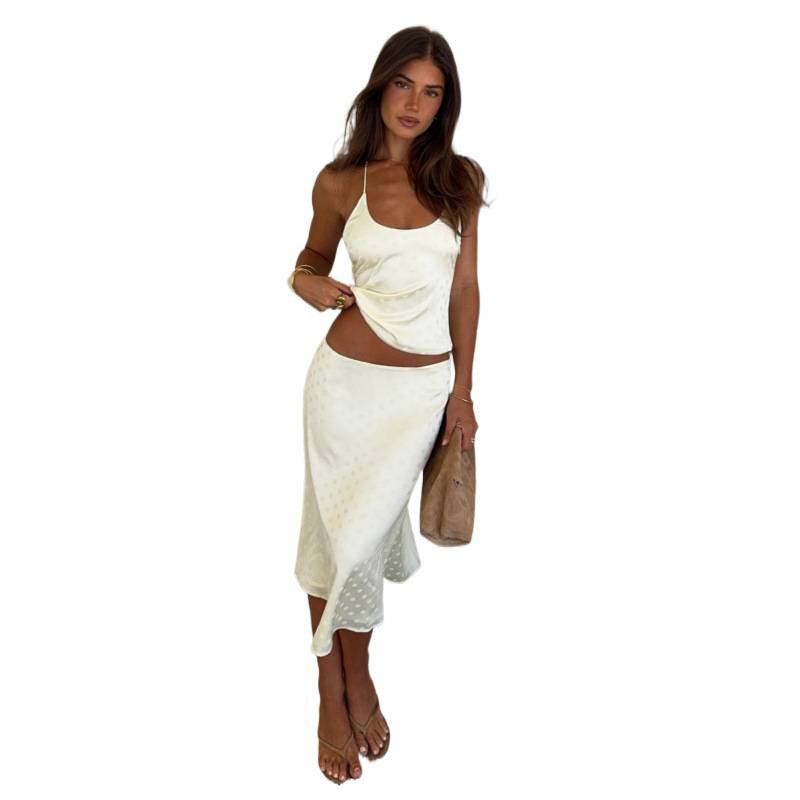 European and american women's clothing  spring new sexy backless u-neck solid color camisole top and elegant midi skirt set
