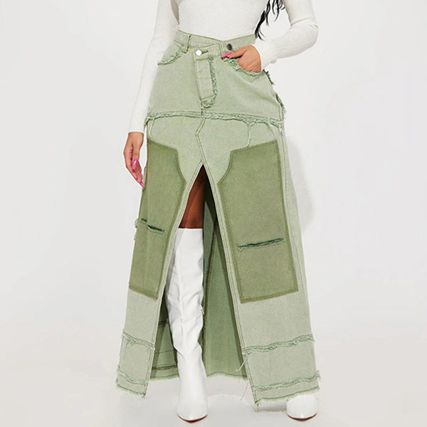 personalized street women's clothing washed contrasting colors irregular denim skirt raw edge pocket split long skirt autumn