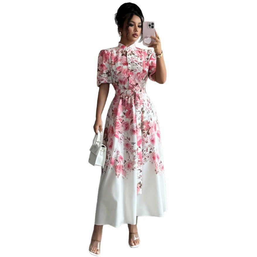 European and american niche fashion retro suit collar sleeveless cinched waist printed dress - women's slimming a-line elegant maxi dress
