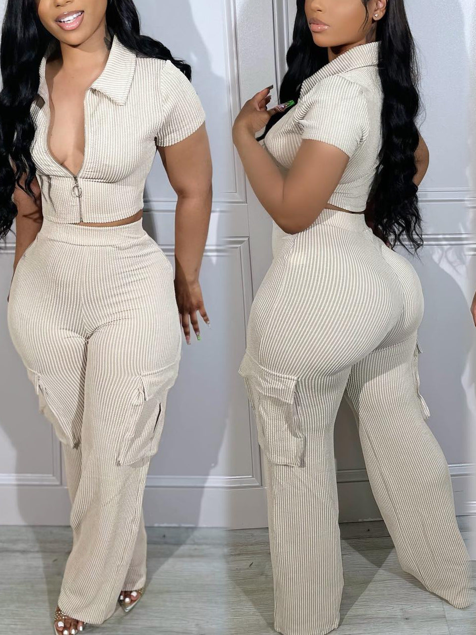 Zipper top & multi-pocket pants casual solid color two-piece set - autumn european & american fashion - new arrival for  & independent e-commerce stores