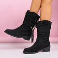 Fashion cross-border wholesale thick heel tassel boots women's fall and winter style retro short boots pleated pile boots medium cowboy boots
