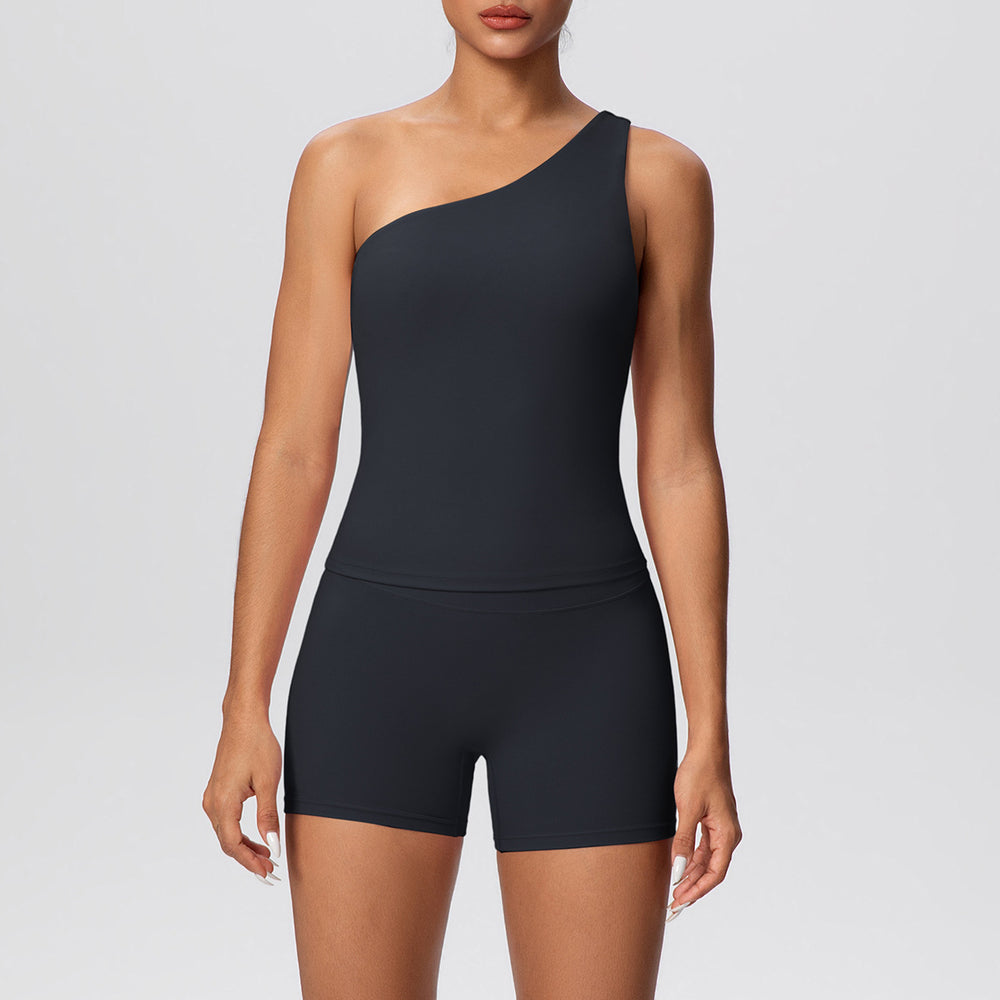 double-sided brushed nude tight one-shoulder vest shorts sports suit running fitness yoga wear two-piece set