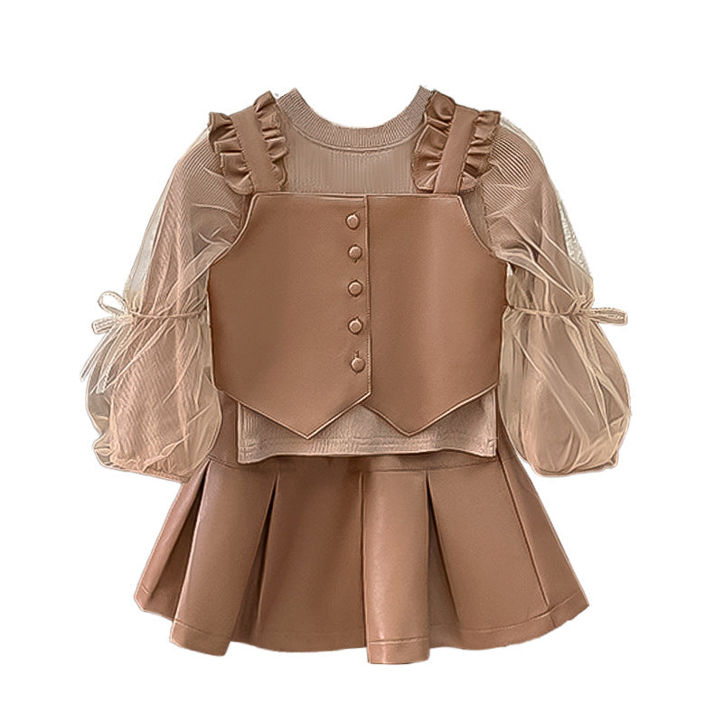 【custom wholesale】girls' autumn outfit: stylish little girl's leather three-piece set, trendy children's base layer