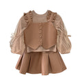 【custom wholesale】girls' autumn outfit: stylish little girl's leather three-piece set, trendy children's base layer