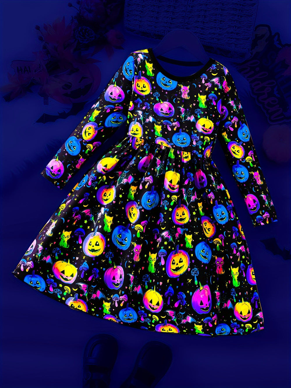girls' halloween dress - solid color, all-over pumpkin head print, creative glow-in-the-dark party long-sleeve dress for kids