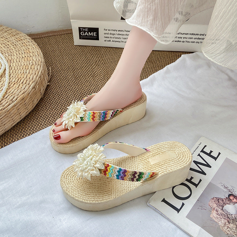 Women's flip-flops: summer fashion, new floral design, height-boosting, outdoor slippers, comfortable, non-slip wedge heel beach sandals