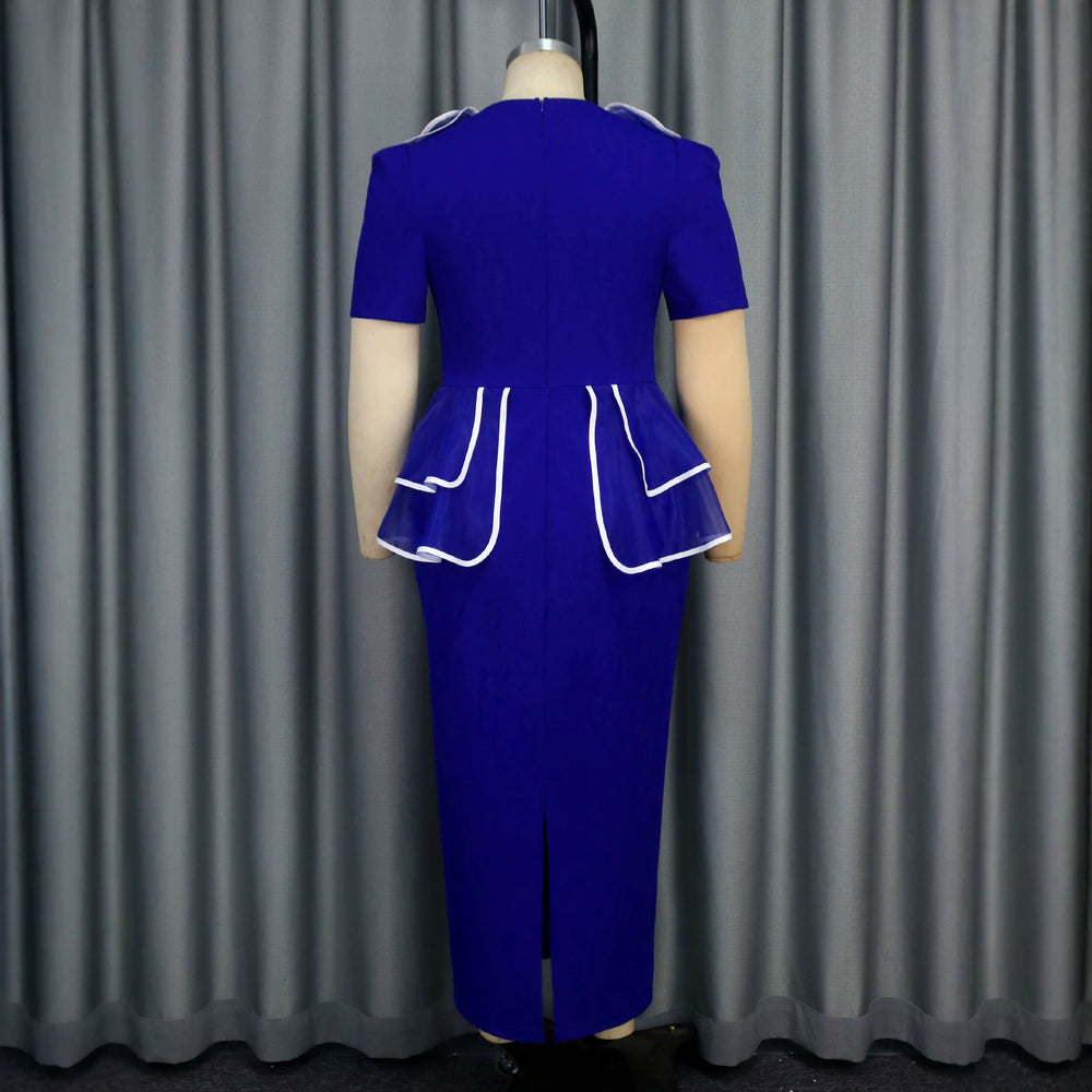 Plus size european and american women's patchwork dress - ruffle trim, belted waist, short sleeve, professional commute style dress