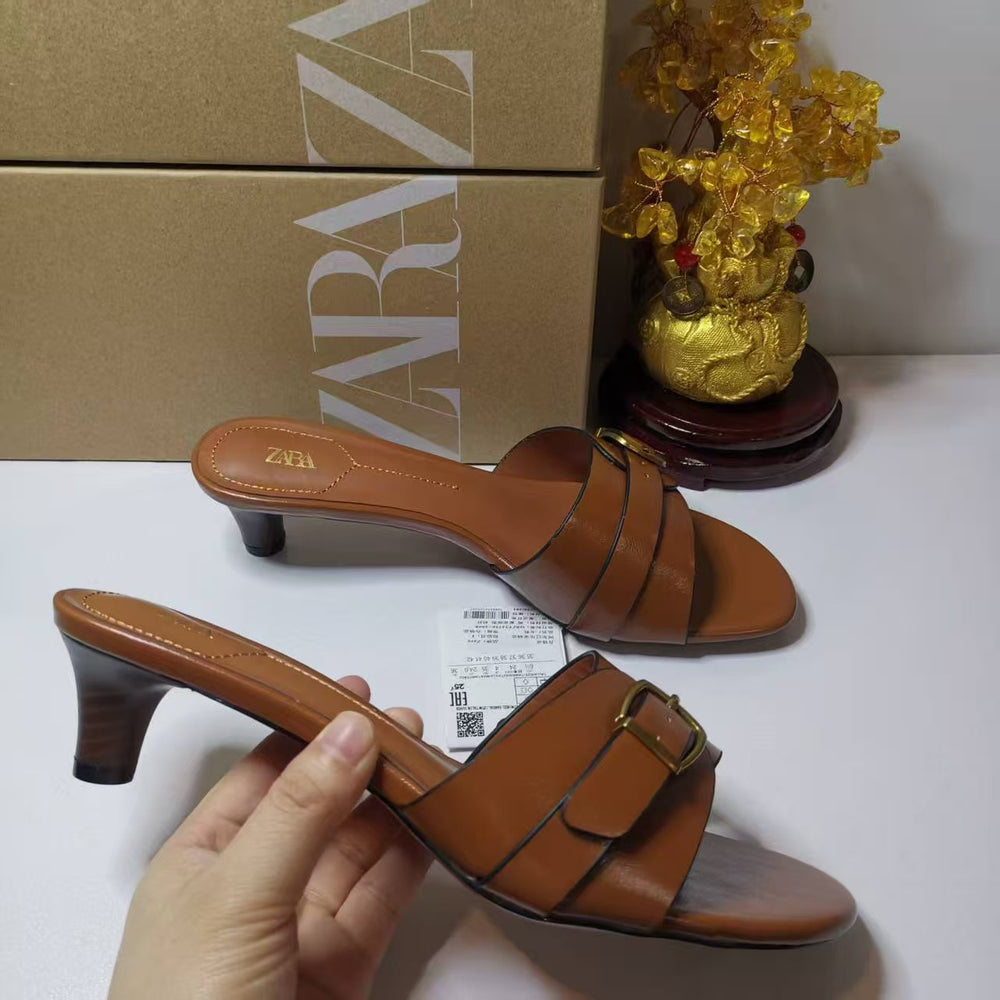 Za one-line casual flat sandals & slippers for women, 2024 summer new korean style fashionable outdoor wear leather buckle beach slides
