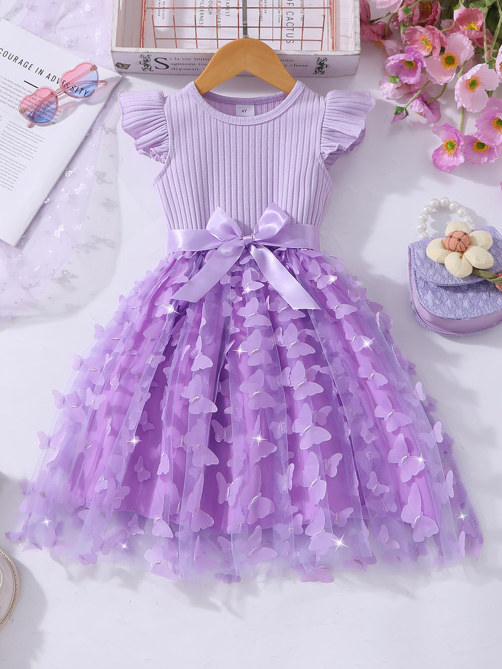 Girls' dress for toddlers and young children, corset-style dress with 3d butterfly flutter sleeves
